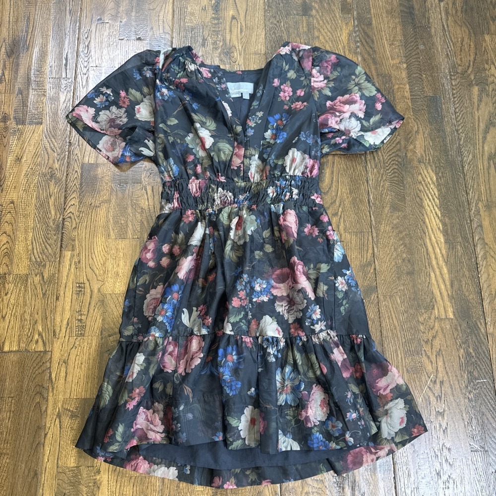 Anthropologie Summer Set Mini Dress Black Motif Floral Smocked Waist Small